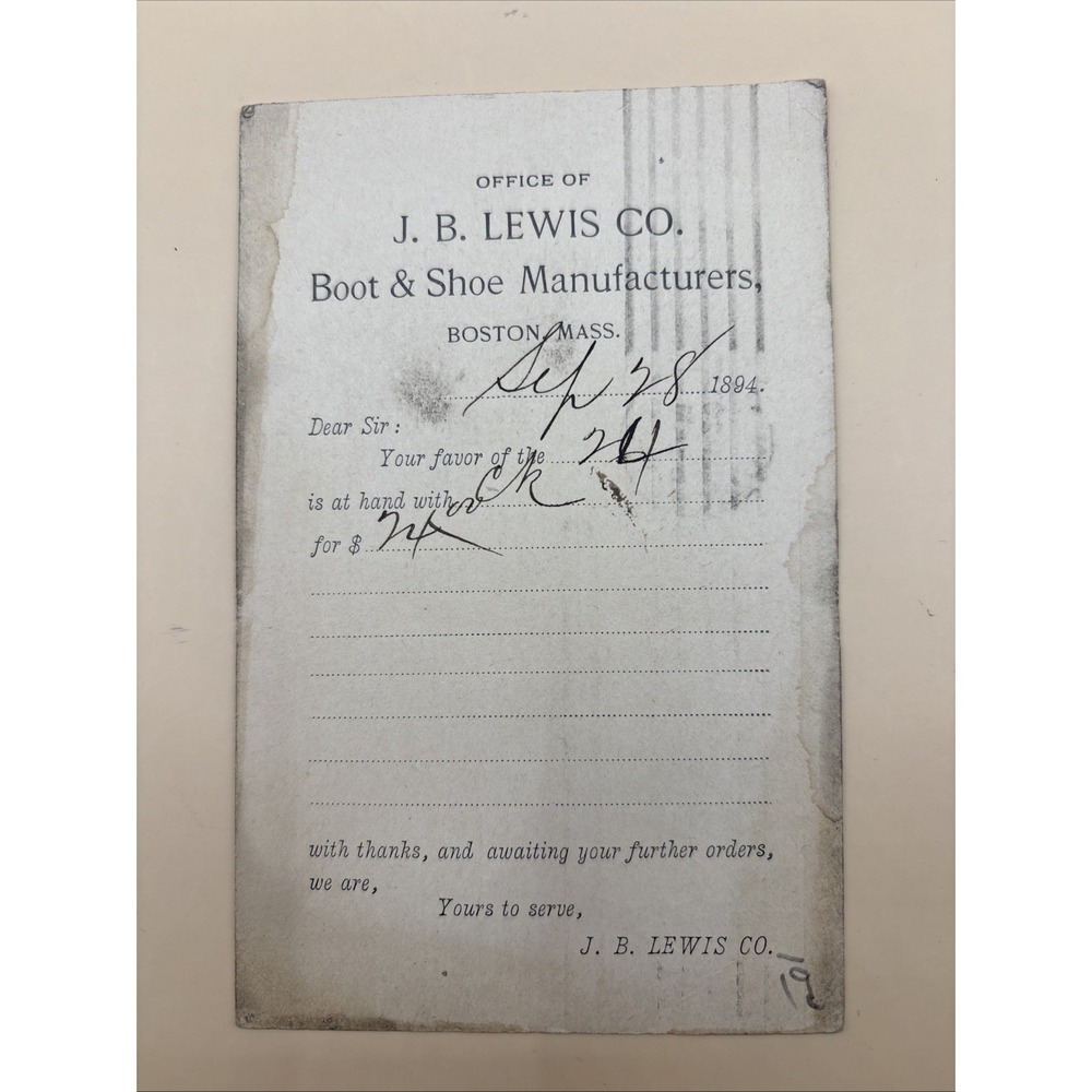 1894 BOSTON MA AD POSTAL CARD J B LEWIS CO BOOT & SHOE MANUFACTURERS. COLORADO